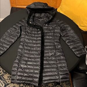 Cole Haan Women's Black Down Parka Jacket with Fur Trim and Hood